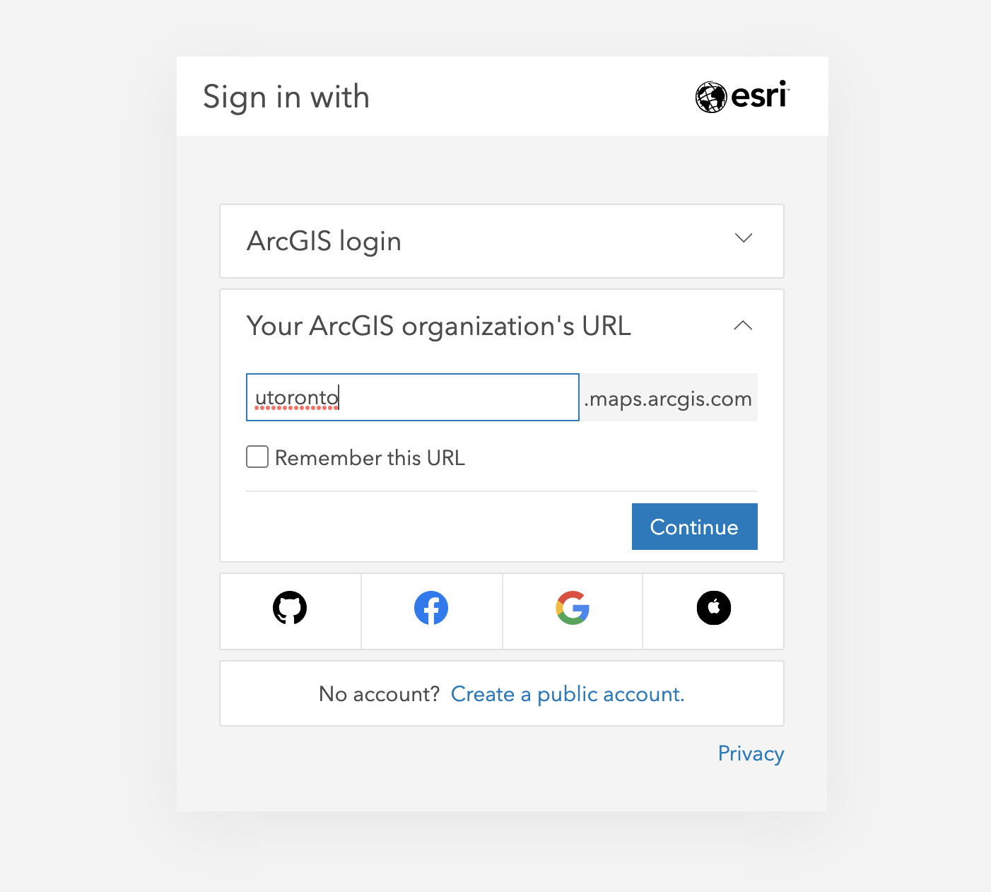 Sign in with Your ArcGIS organization's URL