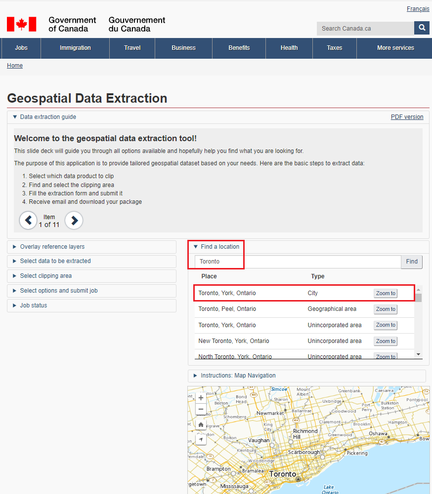 The Government of Canada's geospatial data extraction page. In the 'Find a location' text box, the prompt 'Toronto' has been used.