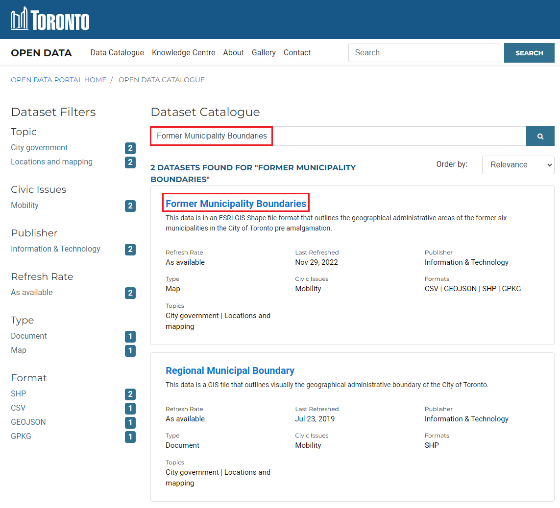 The City of Toronto's Open Data portal. 'Former Municipality Boundaries' has been searched and is the first result seen.
