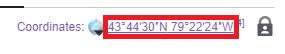 A red box surrounding the coordinates section of the webpage