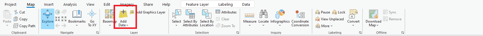 "Toolbar on ArcGIS pro highlighting Add Data button"