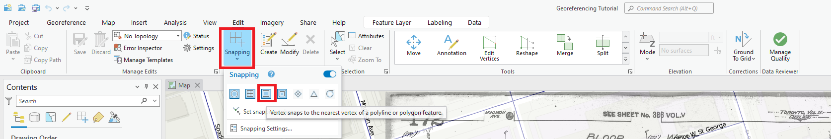 "Vertex snapping tool option in Edit toolbar"
