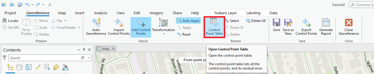 Control point table location in toolbar