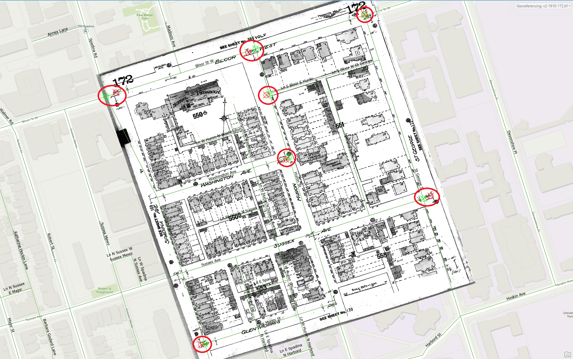 "All control points used to adjust the scanned map"