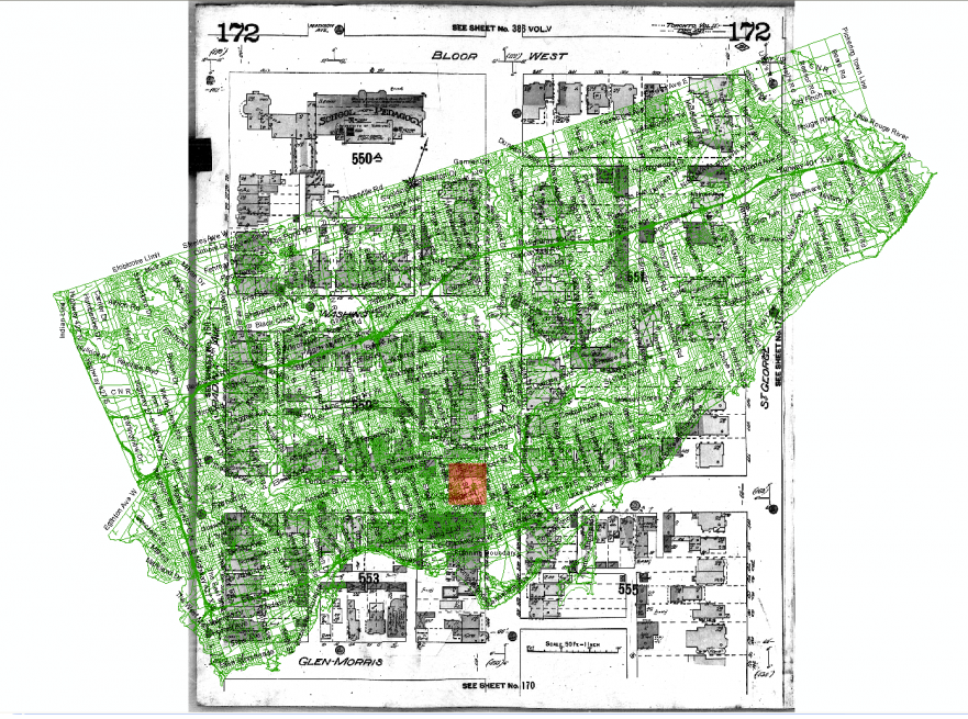 overlay of scanned map on road network map highlighting university of toronto area