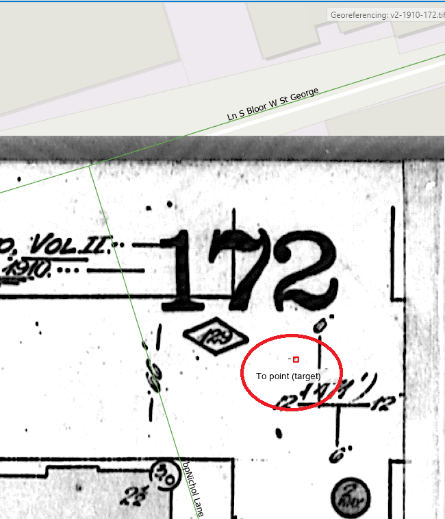 control point selected on scanned map on corner of Bloor street and St. George street