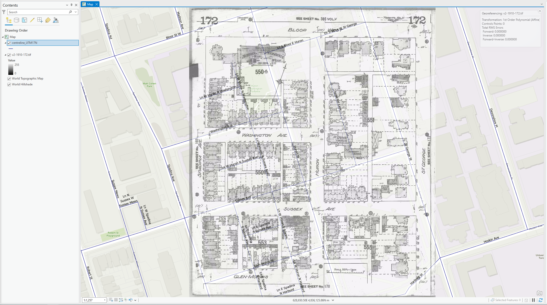 overlay of scanned map on road network map centering spadina avenue, and St. George street.