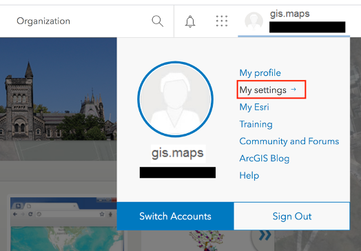 Account popup with My settings highlighted