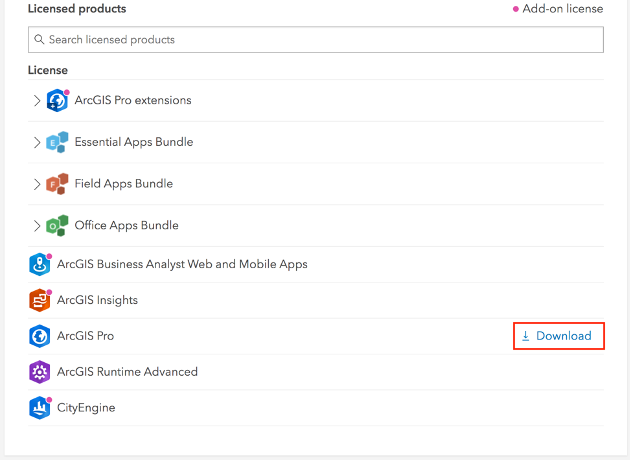 Licensed products menu with ArcGIS Pro download button