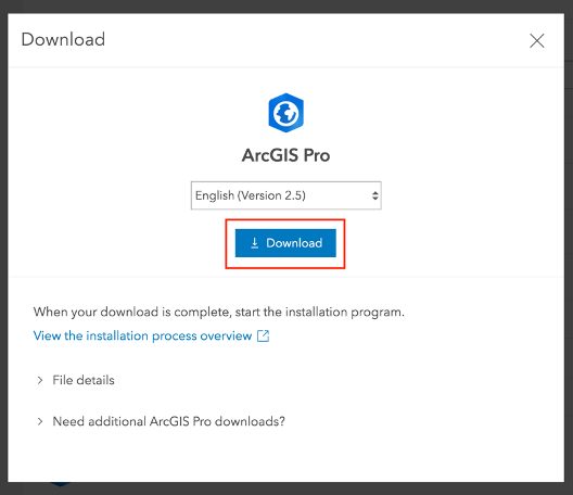 Download popup with default settings (ArcGIS Pro 2.5) and Download button