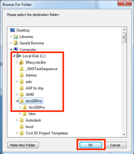 Example file directory, installing ArcGIS Pro in the C:/ drive.