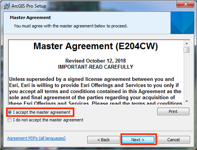 Master Agreement, with Accept and Next highlighted