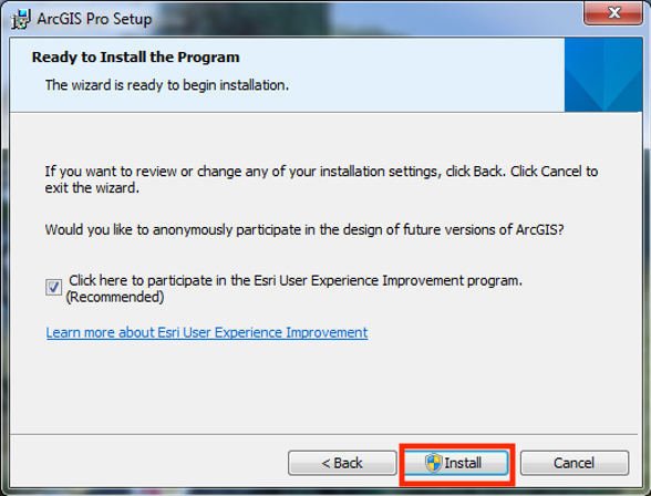 Setup window with Install highlighted
