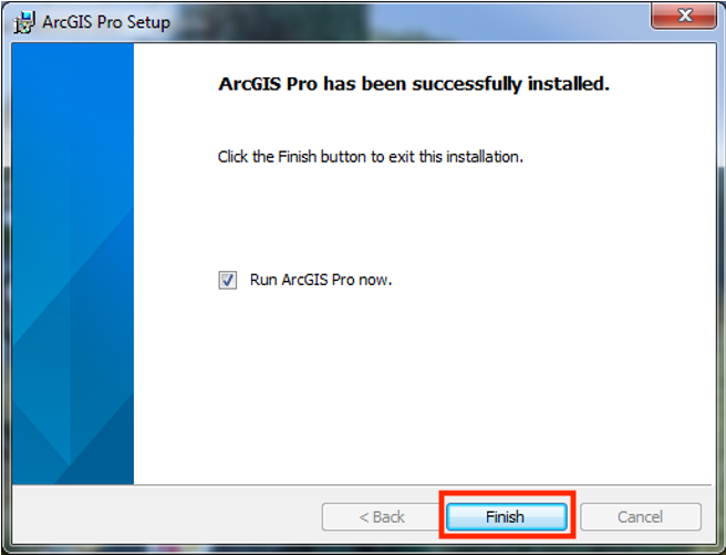 Setup window stating that ArcGIS Pro has been successfully installed.