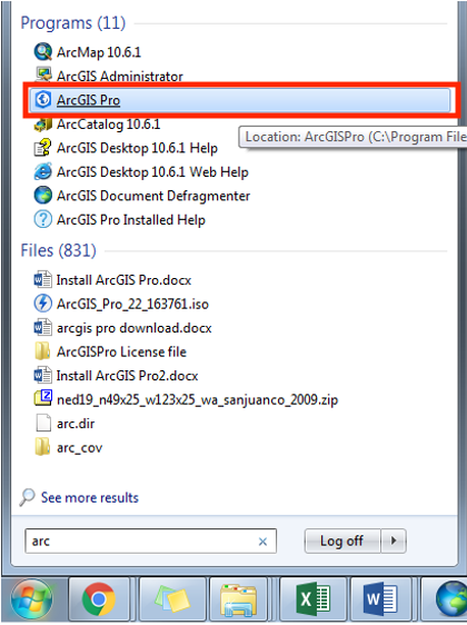 Finding ArcGIS Pro in the start menu (on Windows)
