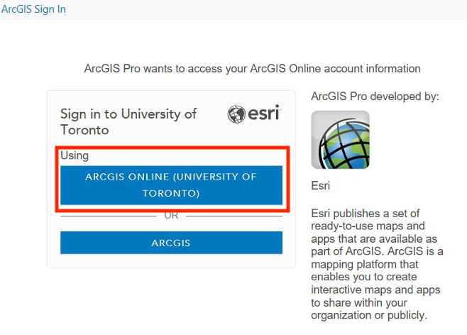 Clicking on ArcGIS Online (University of Toronto) sign in option