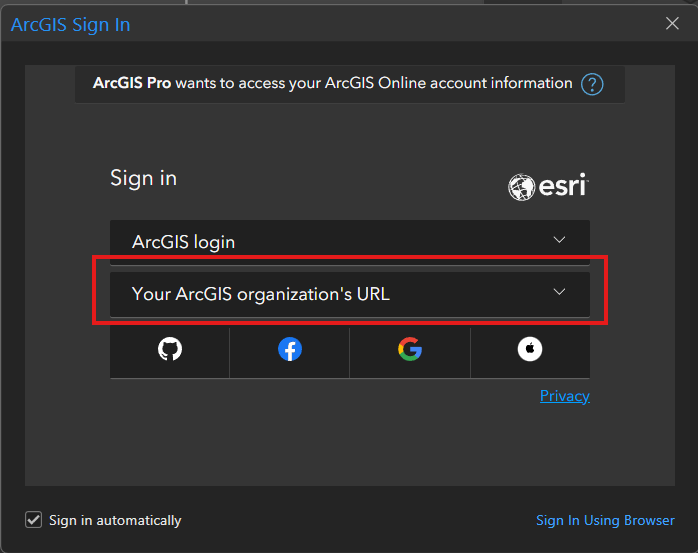 ArcGIS sign-in dialog. Two options: 'ArcGIS login' or 'Your ArcGIS organization's URL'.