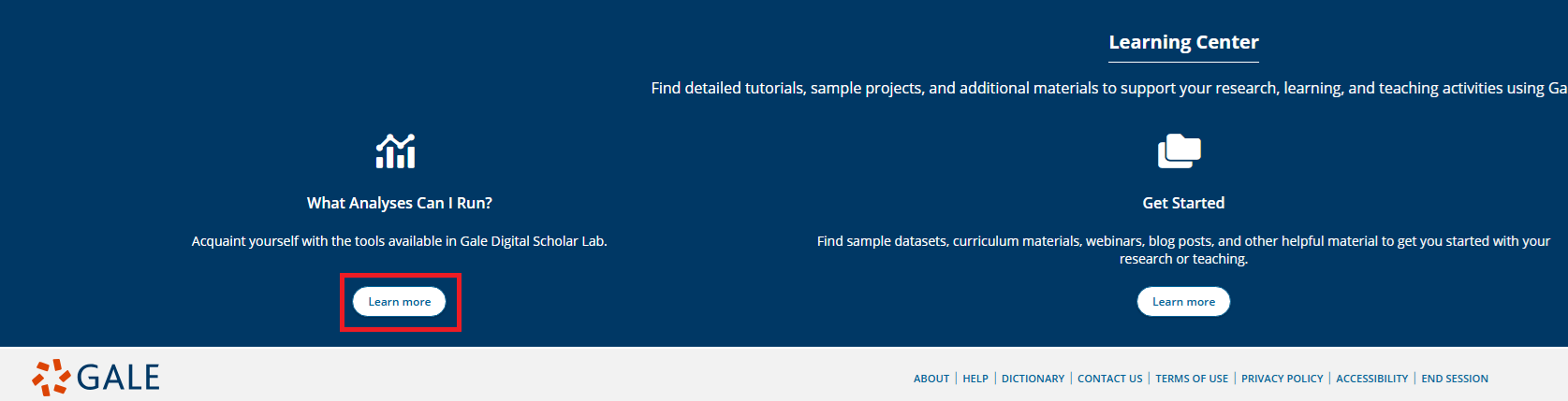 Learning center section, with first of three "learn more" buttons highlighted