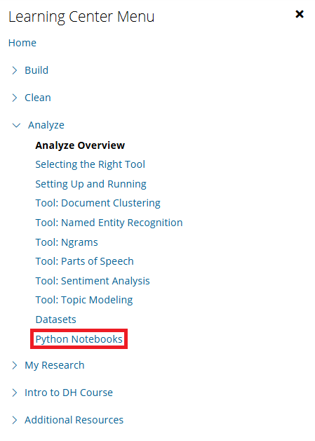 Learning Center Menu, Python Notebooks under Analyze heading