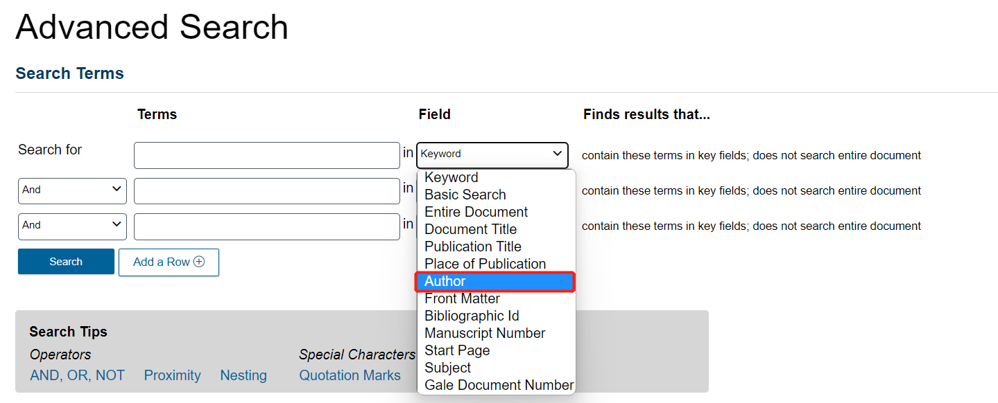 Advanced Search page with the Field drop-down menu open and Author highlighted.