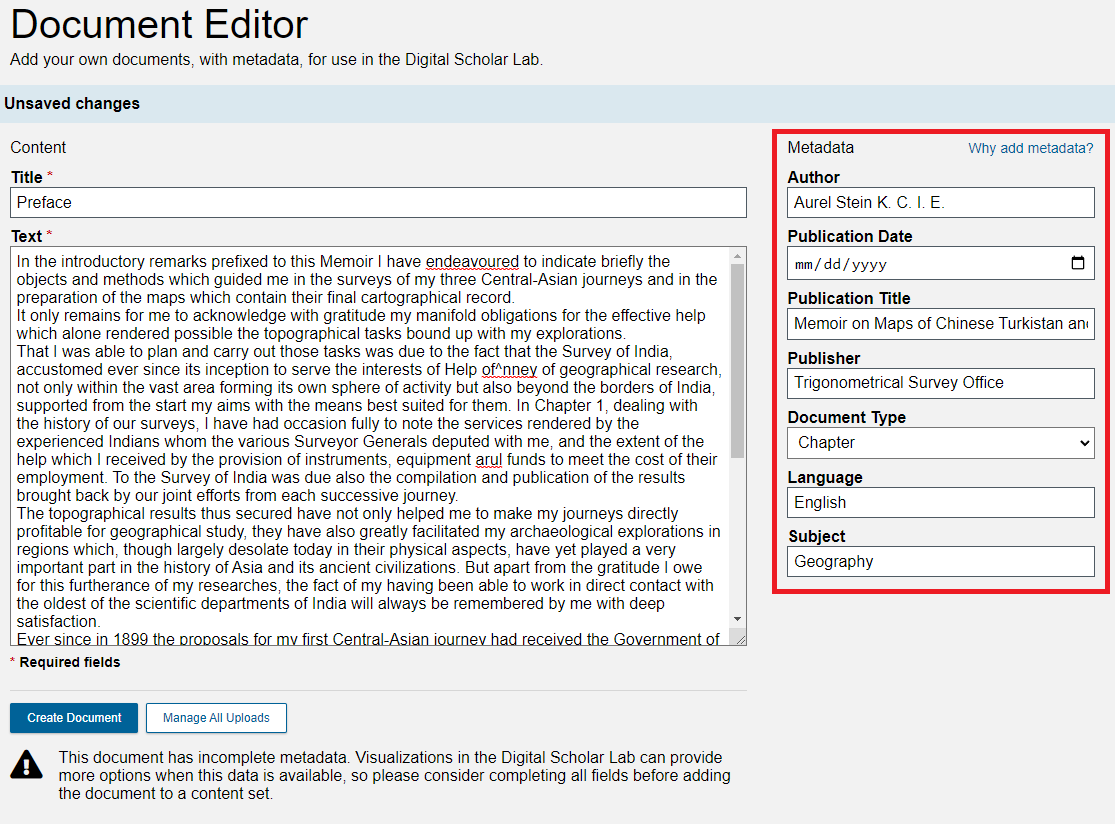 Document Editor with the text provided in the tutorial pasted into the metadata fields, all highlighted.