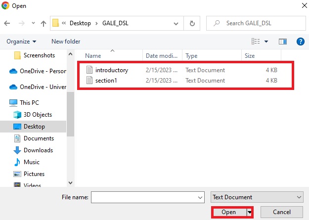 File browser with the two text documents provided in the tutorial selected and highlighted, with open highlighted.