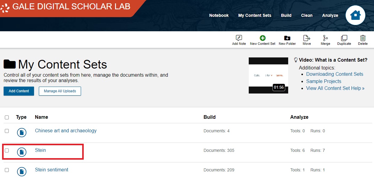 My Content Sets page with “Stein” highlighted.