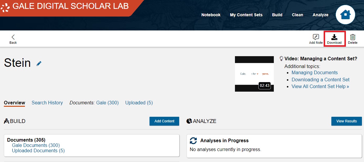 The Stein Content Set with the download button highlighted.