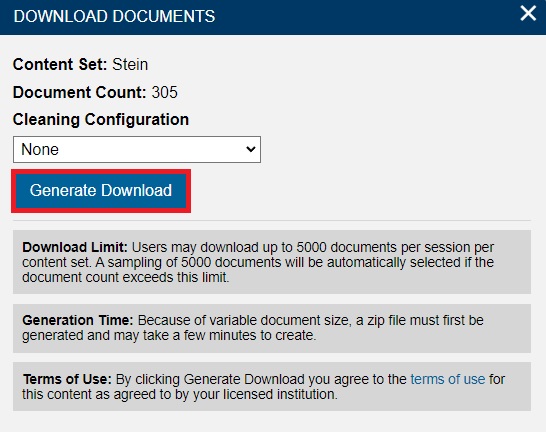 Download Documents window with Generate Download highlighted.
