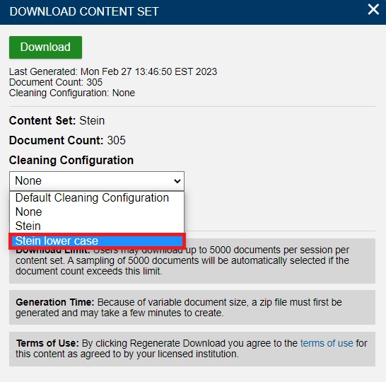 Download Content Set window with the Cleaning Configuration drop-down menu open and Stein lower case highlighted.