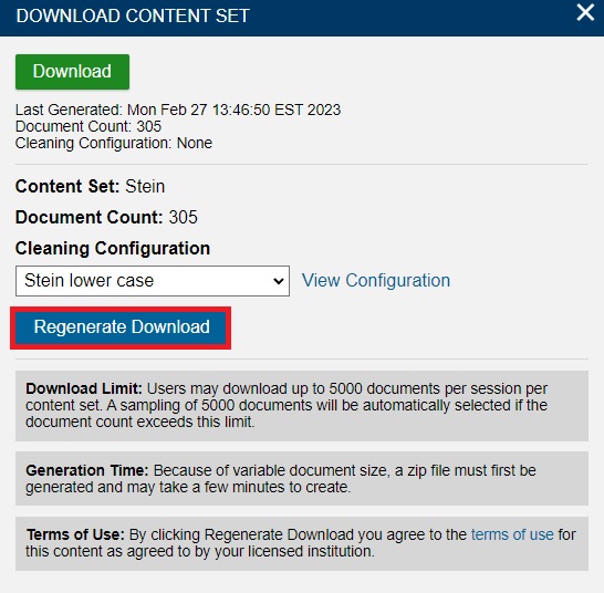 Download Content Set window with Regenerate Download highlighted.
