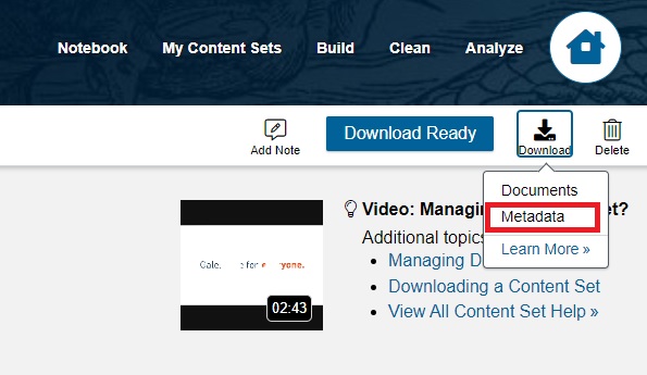Clicking on Metadata button in Download drop down list.