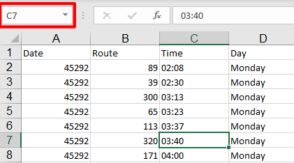 After clicking on a cell, the top left display shows which cell is selected