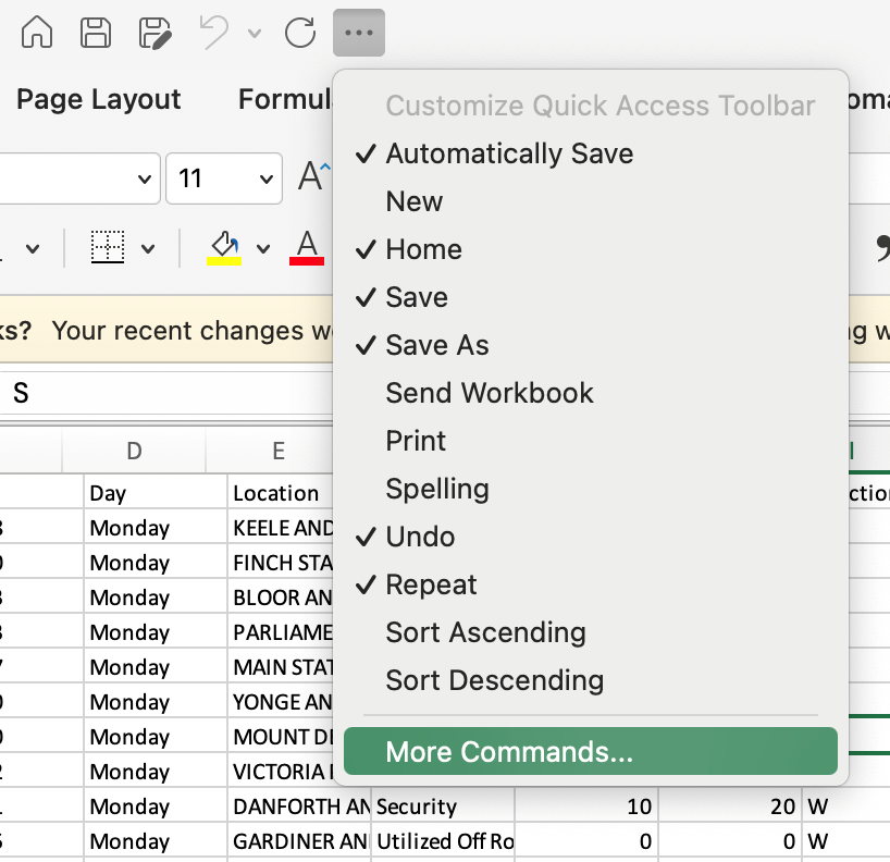 Quick access toolbar displaying the more commands button