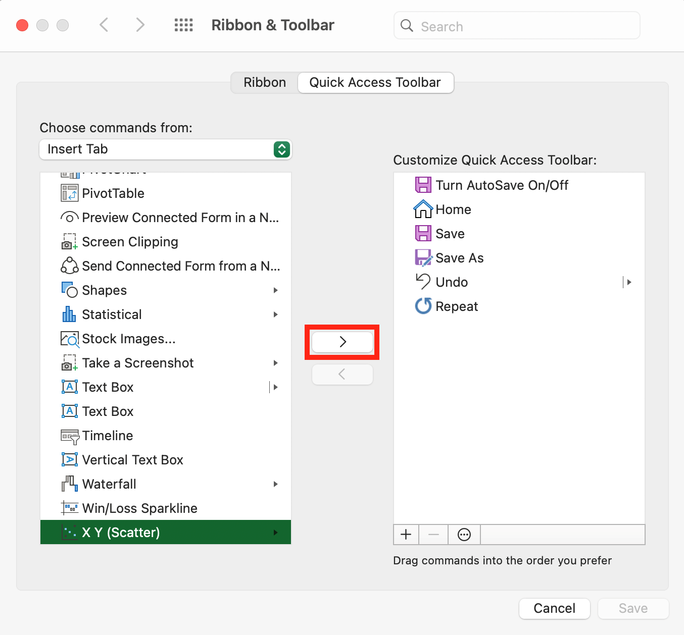 Customizing of the quick access toolbar
