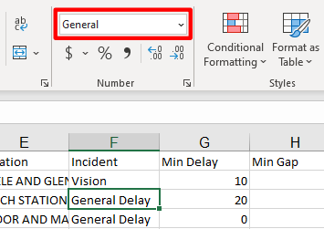 Having selected a cell, the Number tab on the ribbon will display the current data type of the cell
