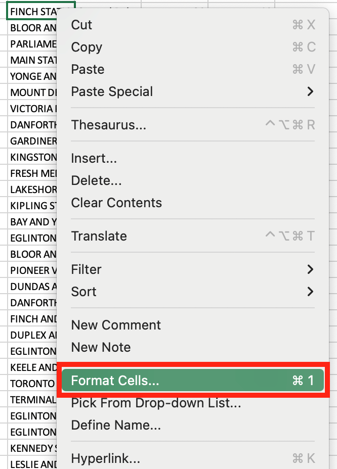 Format cells is highlighted on the context menu