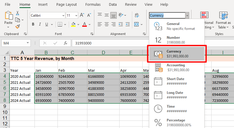 Clicking on the number type, change it to currency