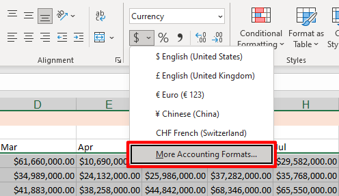 Highlighting the more accounting formats under the extra currency options