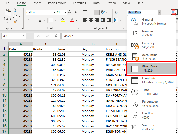 Selecting short date for the column that contains the date information