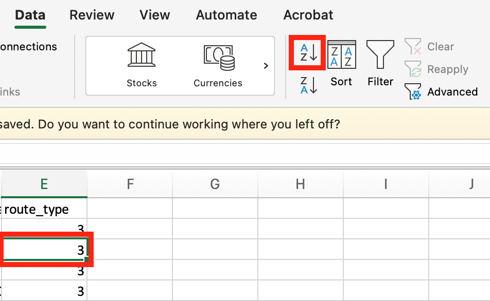 The column Route type can be filtered by selecting a cell and clicking on the sort button in the top right of excels ribbon