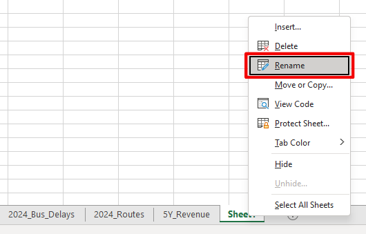 Context menu for the sheet is shown, rename is highlighted