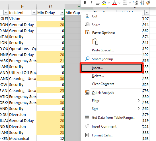 Insert button is highlighted on the context menu