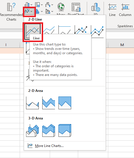Create line chart is highlighted as well as selecting a 2-D line chart