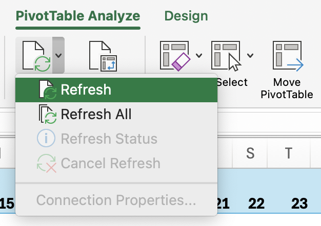 Selecting refresh under the ribbon
