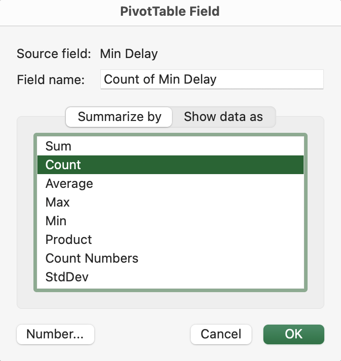 Summarize Values by and Count are highlighted
