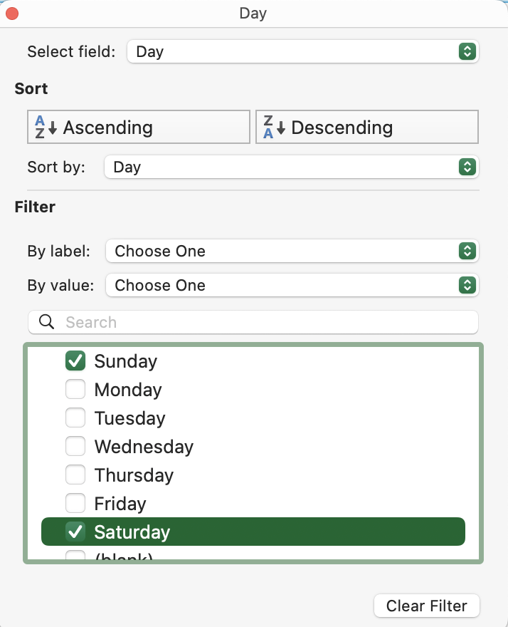 Context menu with only Sunday & Saturday selected