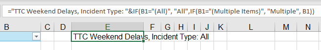 Cell E1 with the resulting text of "TTC Weekend Delays, Incident type: all"