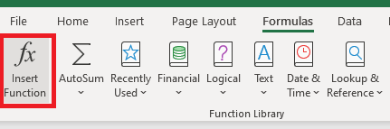 Insert function button within the ribbon is highlighted