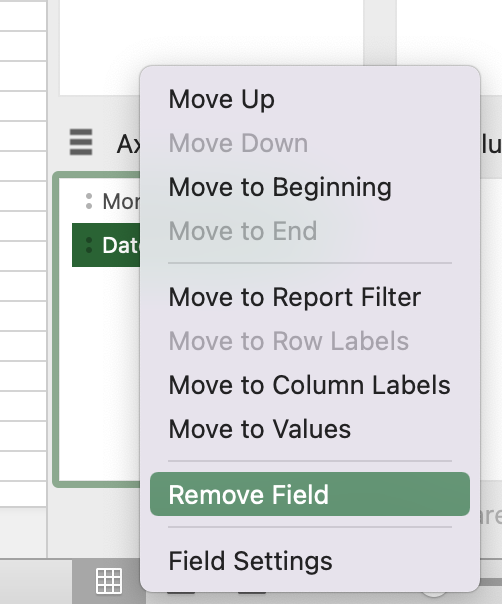 Context menu with Remove Field highlighted